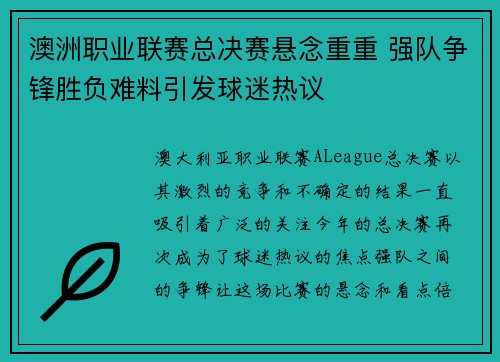 澳洲职业联赛总决赛悬念重重 强队争锋胜负难料引发球迷热议