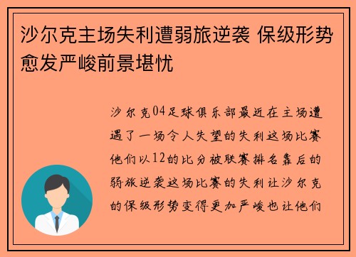 沙尔克主场失利遭弱旅逆袭 保级形势愈发严峻前景堪忧