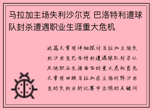 马拉加主场失利沙尔克 巴洛特利遭球队封杀遭遇职业生涯重大危机