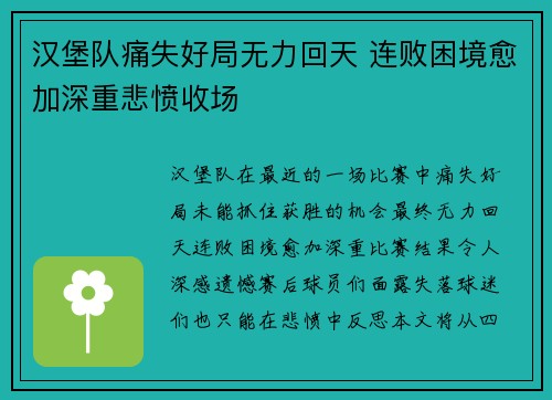 汉堡队痛失好局无力回天 连败困境愈加深重悲愤收场