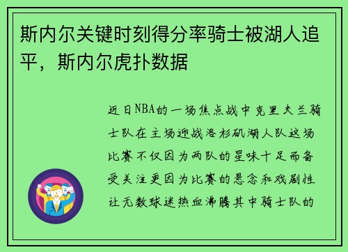 斯内尔关键时刻得分率骑士被湖人追平，斯内尔虎扑数据